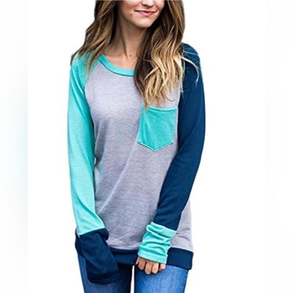 Crewneck Soft Colorblock Elegant Top Long-Sleeve Comfortable Shien Size M
